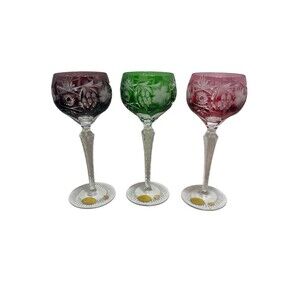 VINTAGE S/3 ECHT BLEIKRISTALL MULTI-COLORED CUT-TO-CLEAR WINE GOBLETS HOCKS